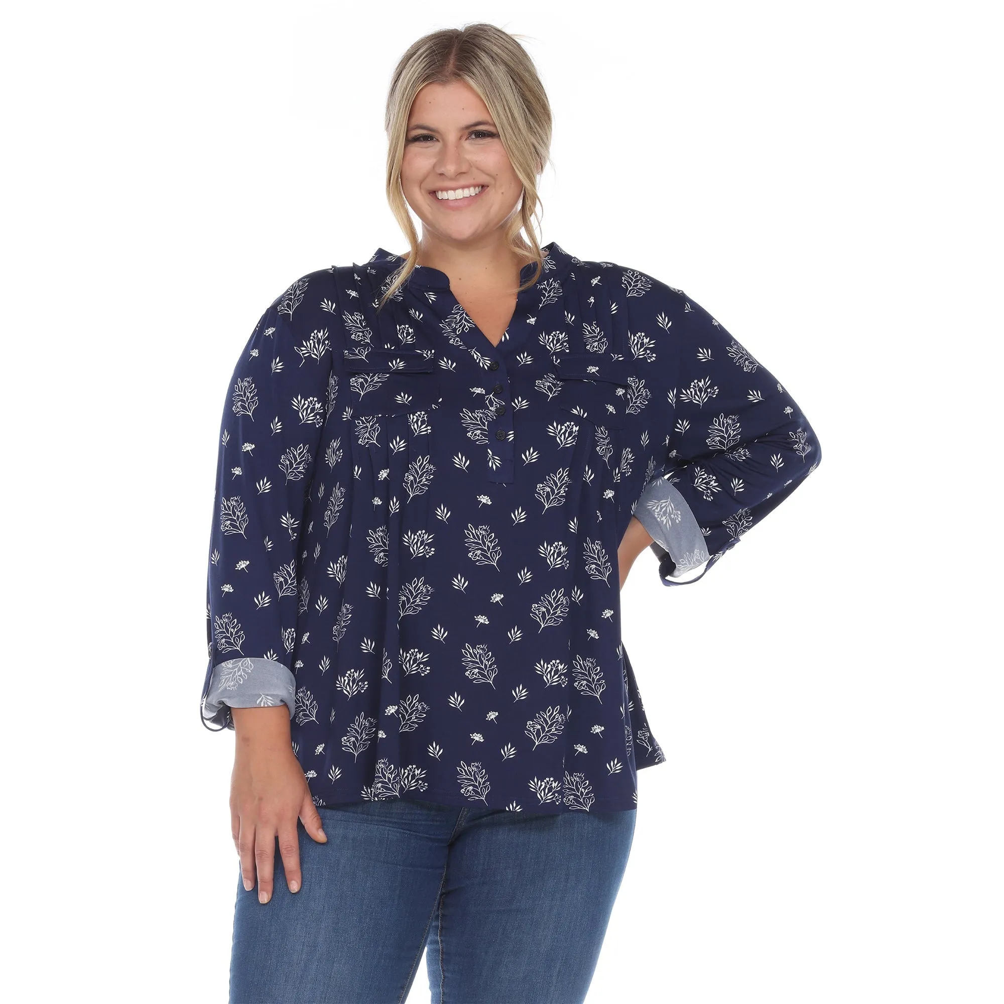 Pleated Long Sleeve Leaf Print Blouse - Plus sold by Dress Barn