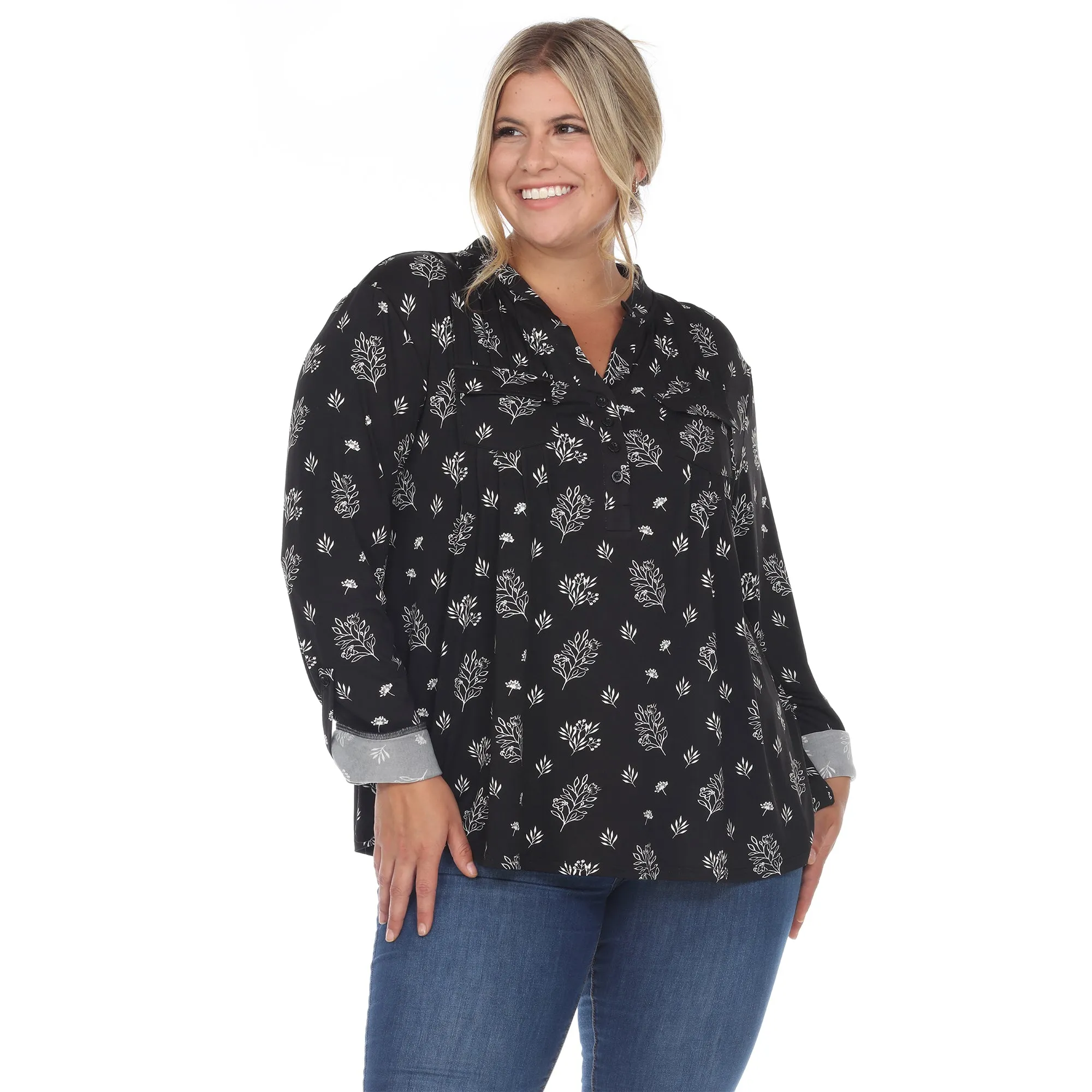 Pleated Long Sleeve Leaf Print Blouse - Plus sold by Dress Barn product image thumbnail 2