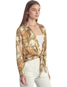 Collared long sleeve in satin chain print sold by Dress Barn