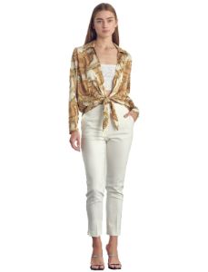 Collared long sleeve in satin chain print sold by Dress Barn