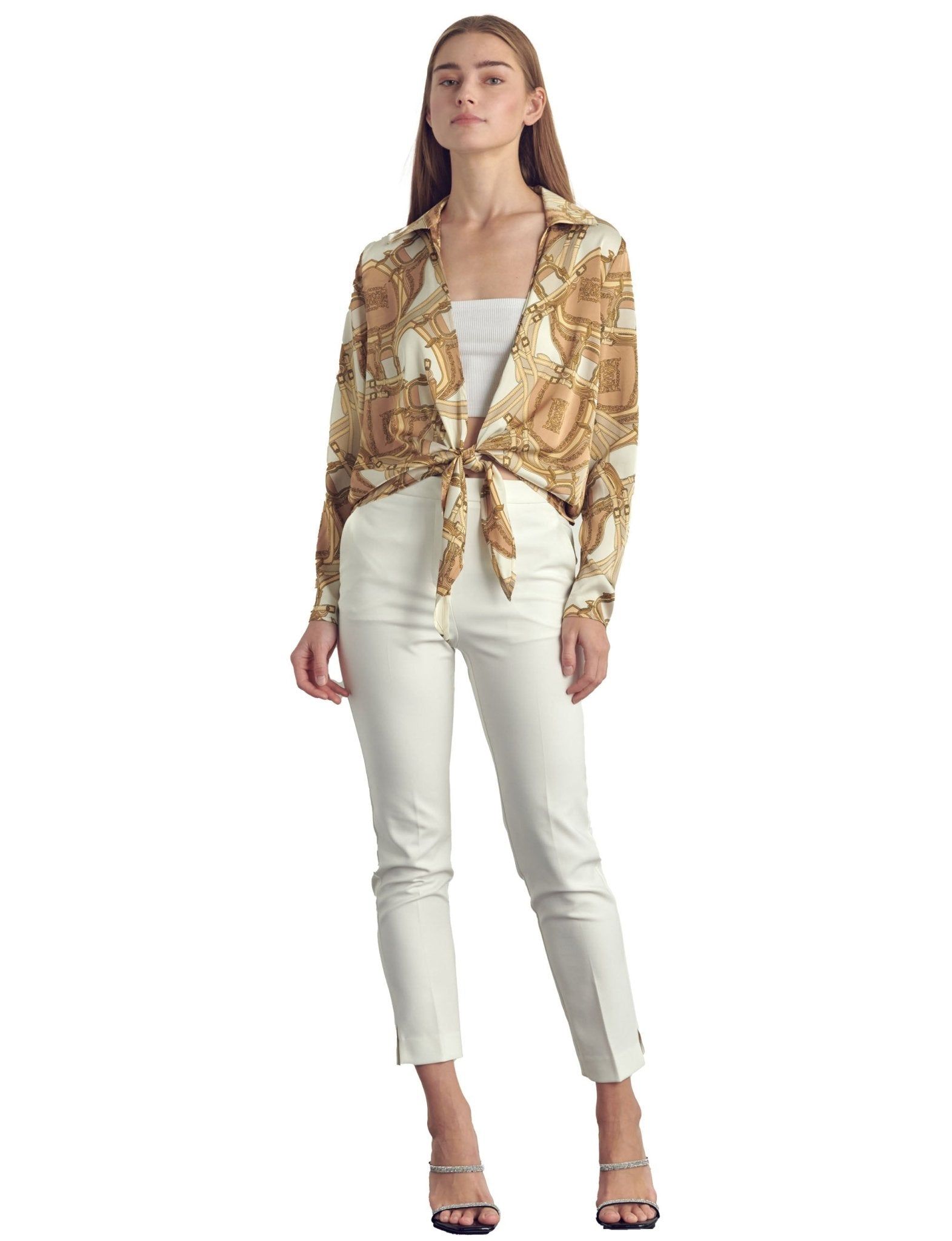 Collared long sleeve in satin chain print sold by Dress Barn