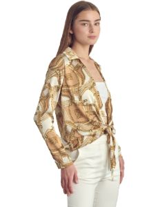 Collared long sleeve in satin chain print sold by Dress Barn