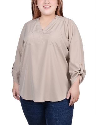 NY Collection Roll Tab Sleeve Blouse with Pockets - Plus sold by Dress Barn