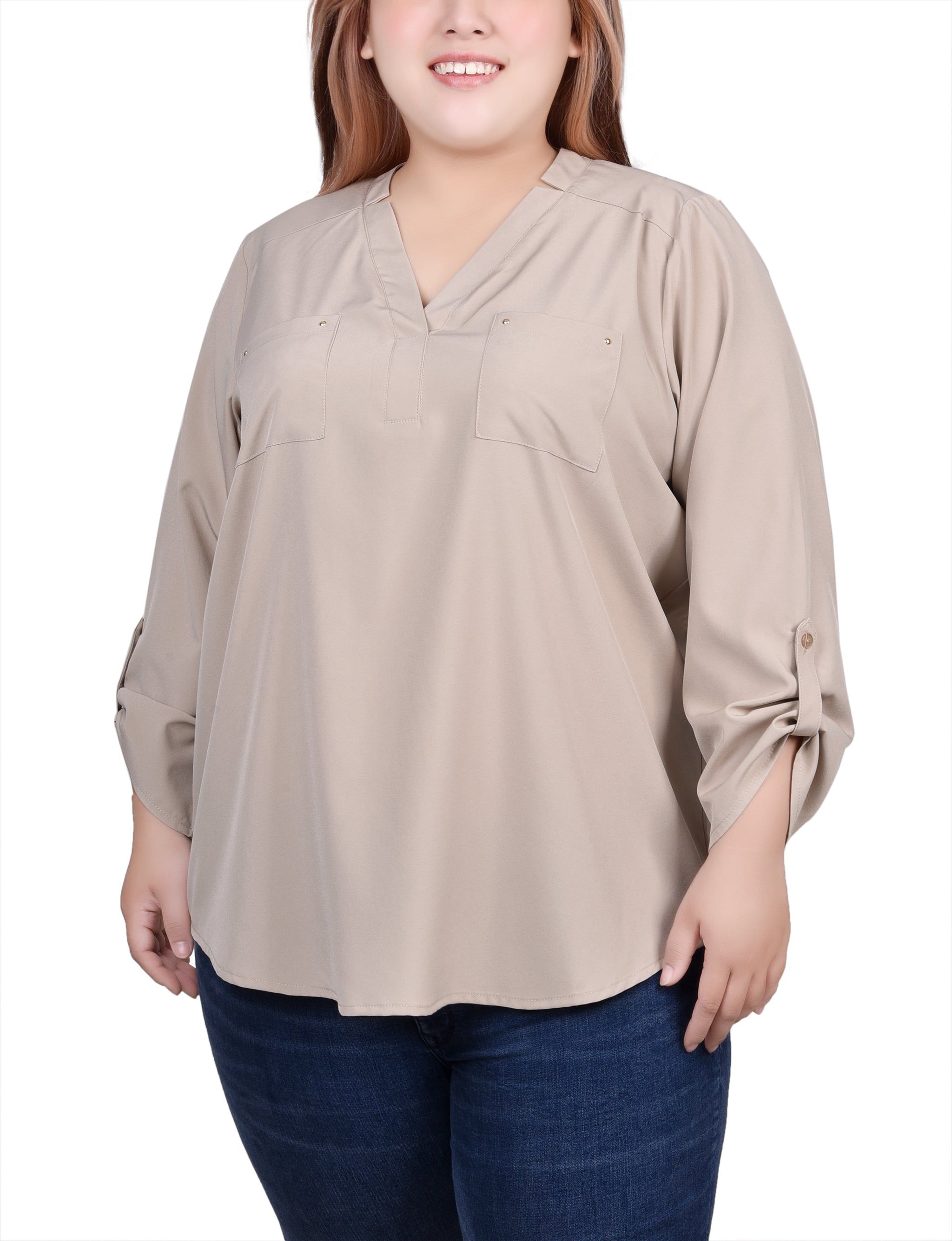 NY Collection Roll Tab Sleeve Blouse with Pockets - Plus sold by Dress Barn