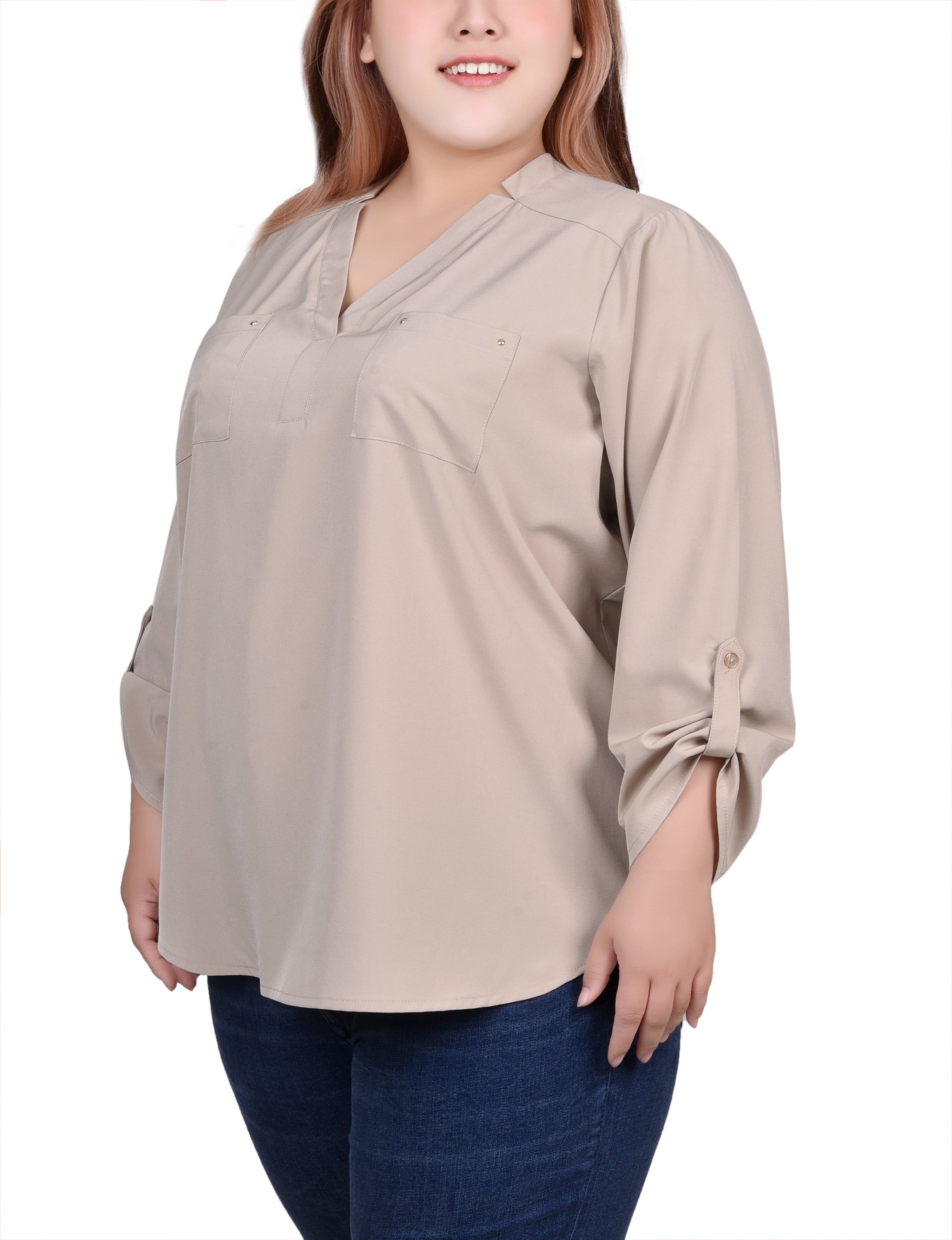 NY Collection Roll Tab Sleeve Blouse with Pockets - Plus sold by Dress Barn product image thumbnail 2