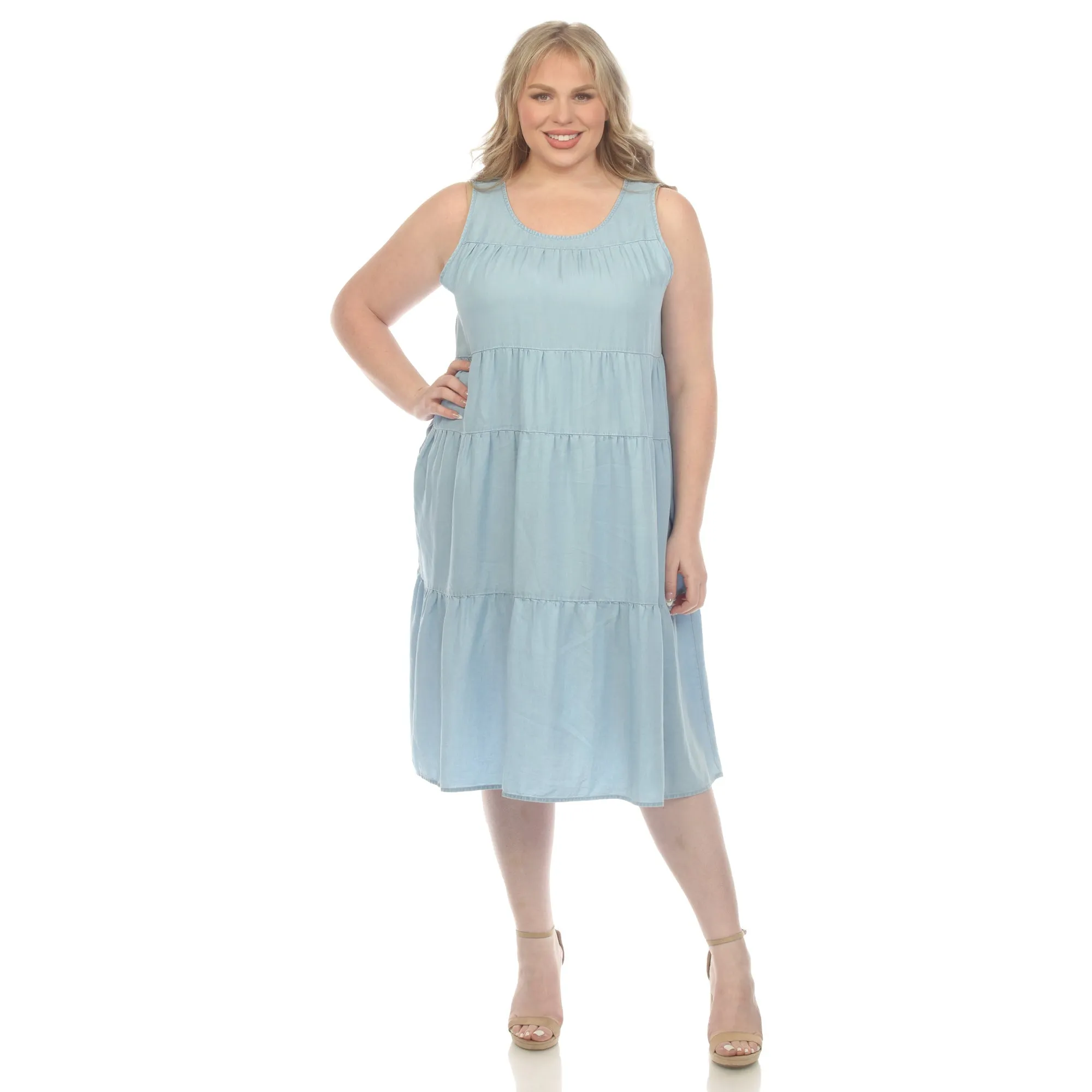 Sleeveless Tiered Chambray Midi Dress - Plus sold by Dress Barn