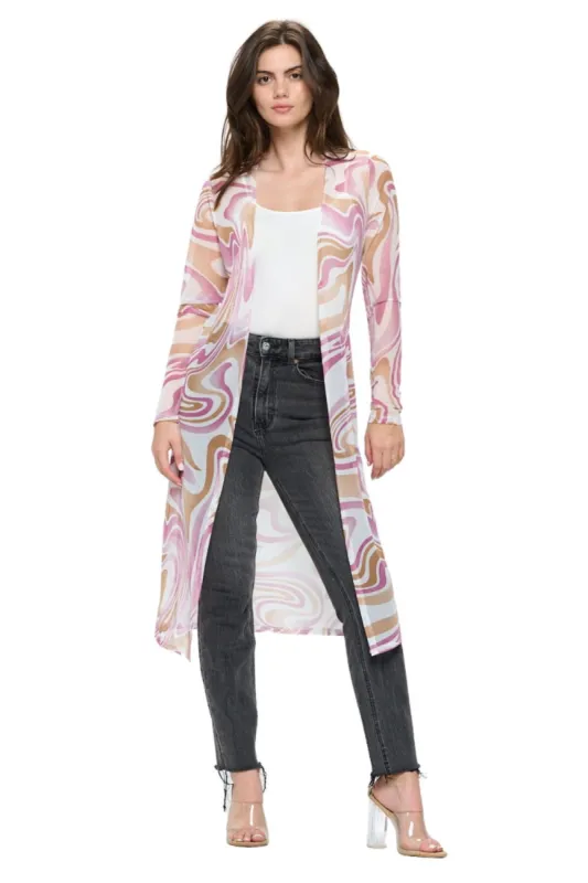 Long sleeve longline duster in swirl printed mesh sold by Dress Barn