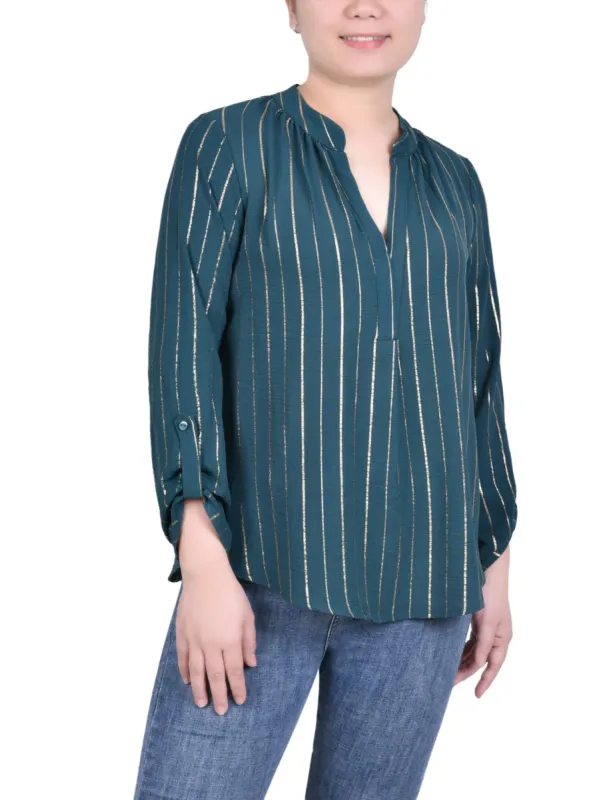 Long Sleeve Foil Striped Blouse - Petite sold by Dress Barn