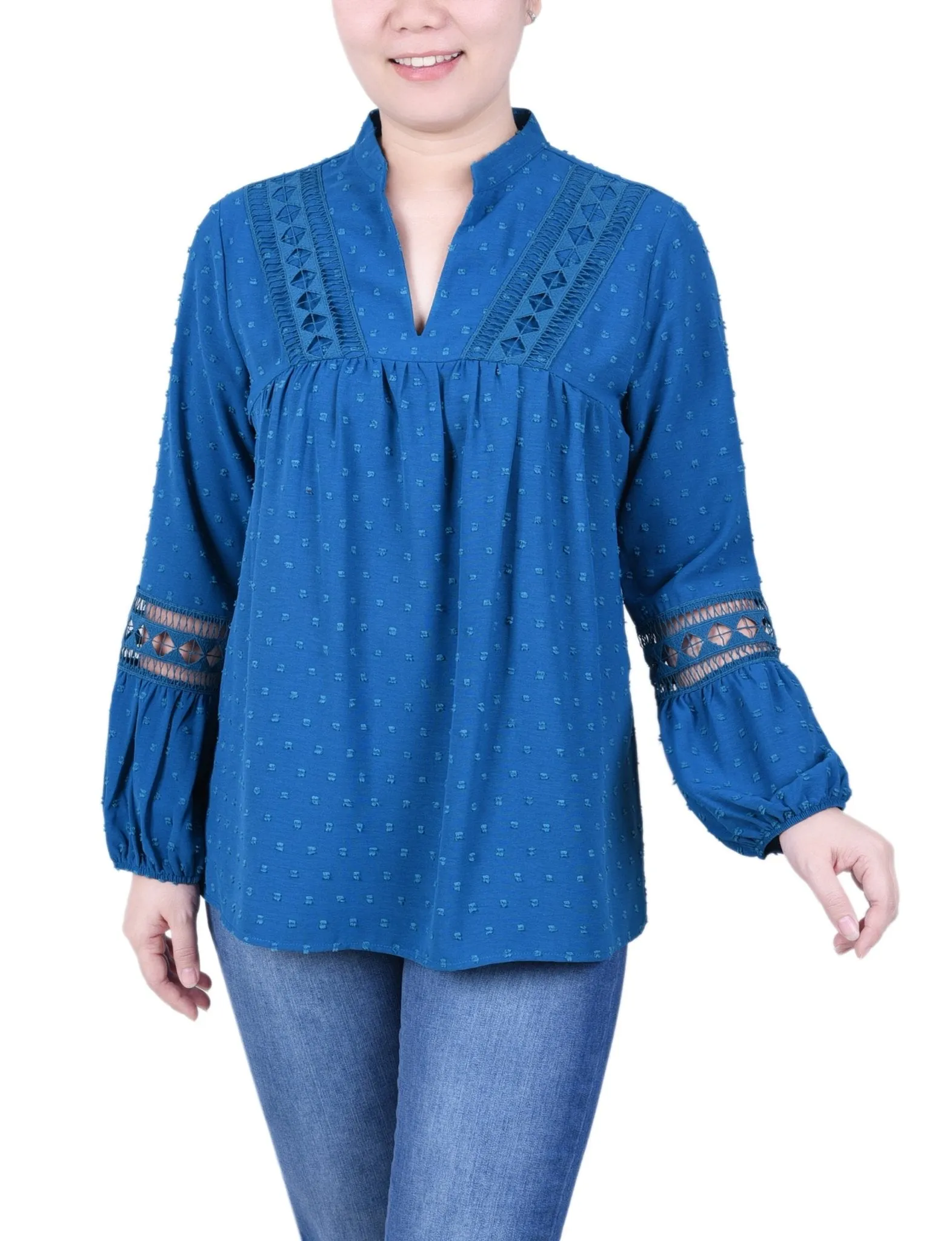Long Sleeve Blouse With Crochet Trim - Petite sold by Dress Barn