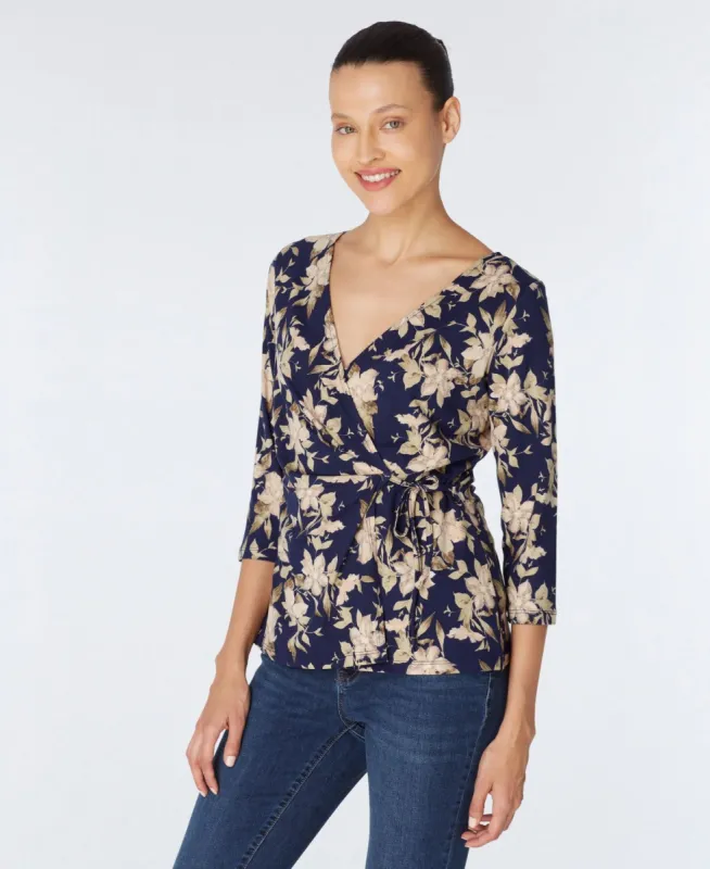 Inner Beauty 3/4 Sleeve Surplice Front V-Neck Navy Floral Top sold by Dress Barn