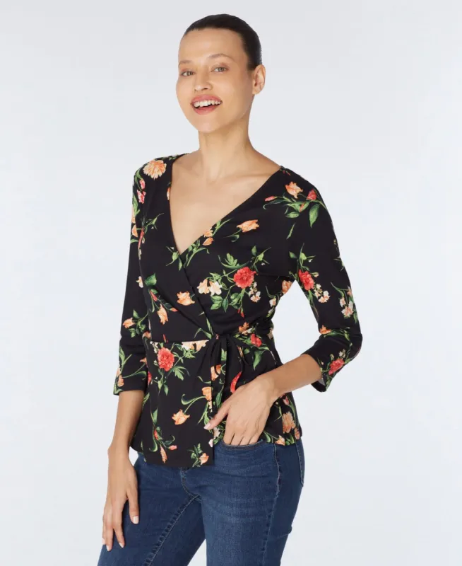 Inner Beauty 3/4 Sleeve Surplice Front V-Neck Black Floral Top sold by Dress Barn