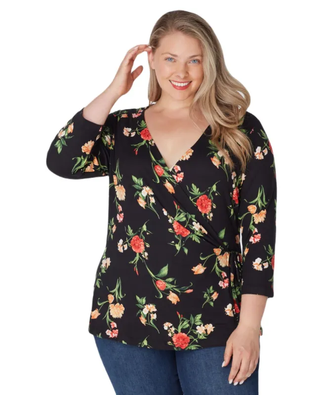 Inner Beauty Plus 3/4 Sleeve Surplice Front V-Neck Black Floral Top sold by Dress Barn