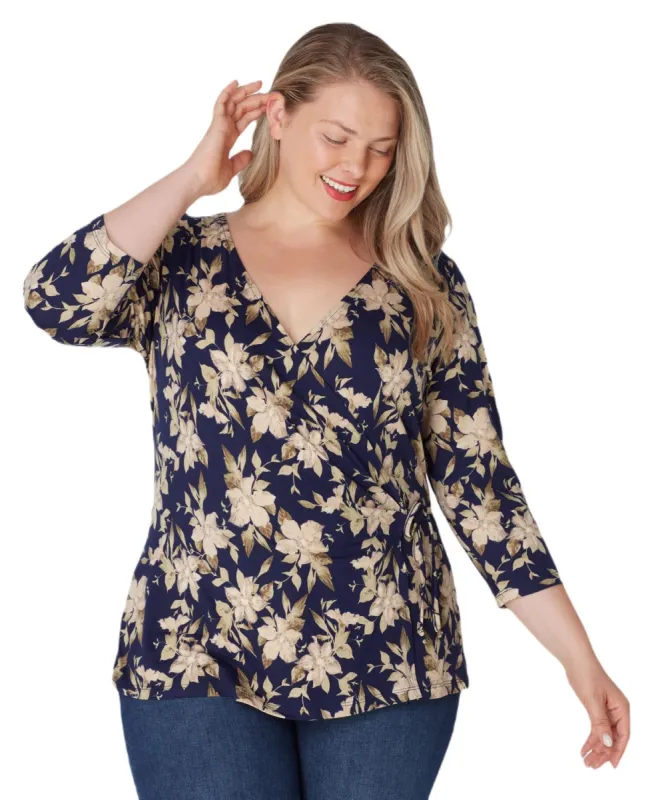 Inner Beauty Plus 3/4 Sleeve Surplice Front V-Neck Navy Floral Top sold by Dress Barn