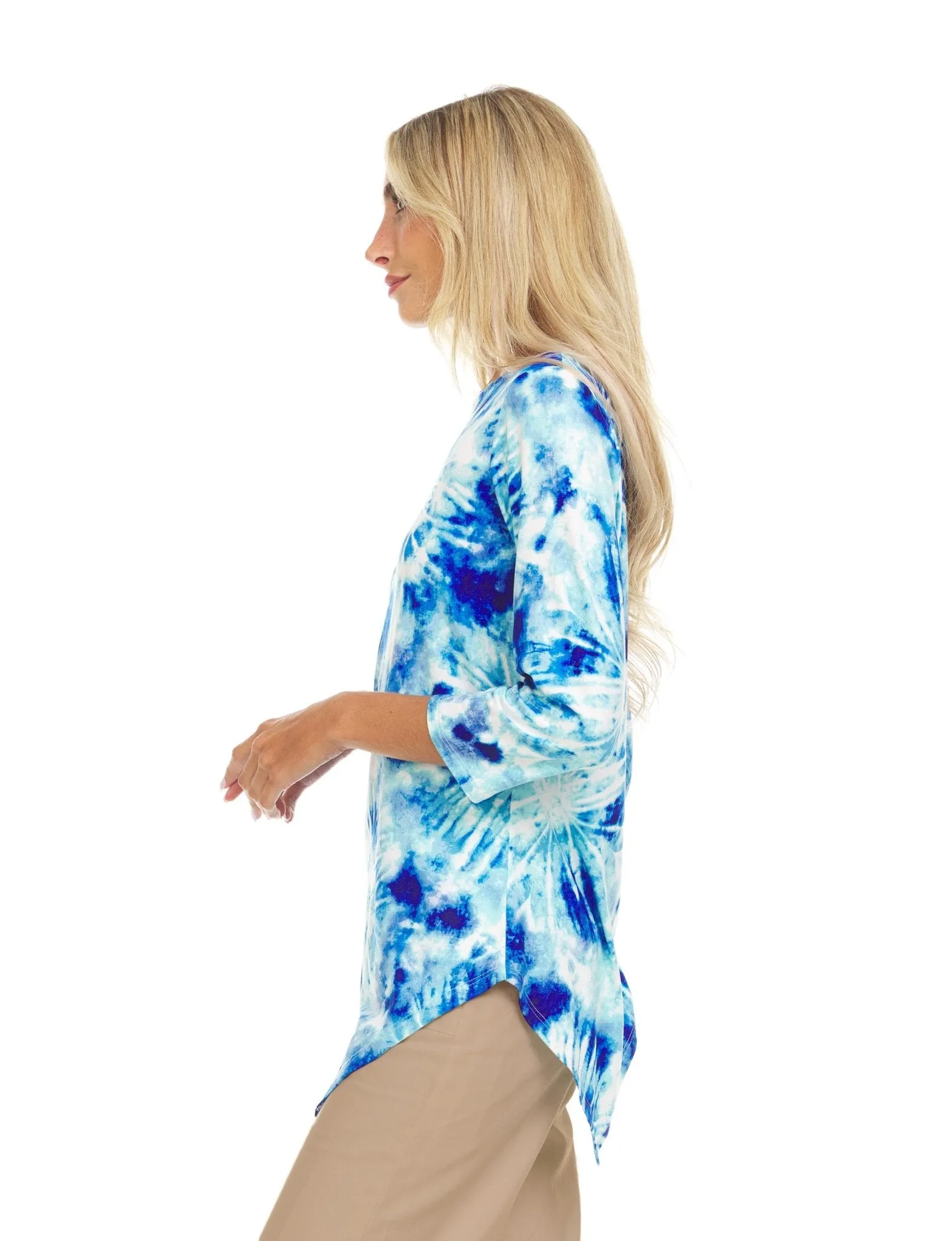 Blue / Ivory Tye Dye 3/4 Sleeeve Asymetrical Hem Top sold by Dress Barn product image thumbnail 2