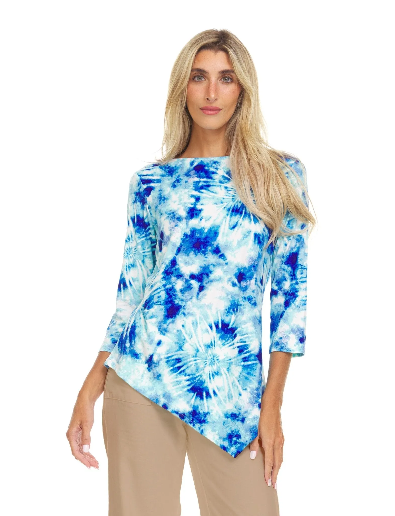 Blue / Ivory Tye Dye 3/4 Sleeeve Asymetrical Hem Top sold by Dress Barn product image thumbnail 4