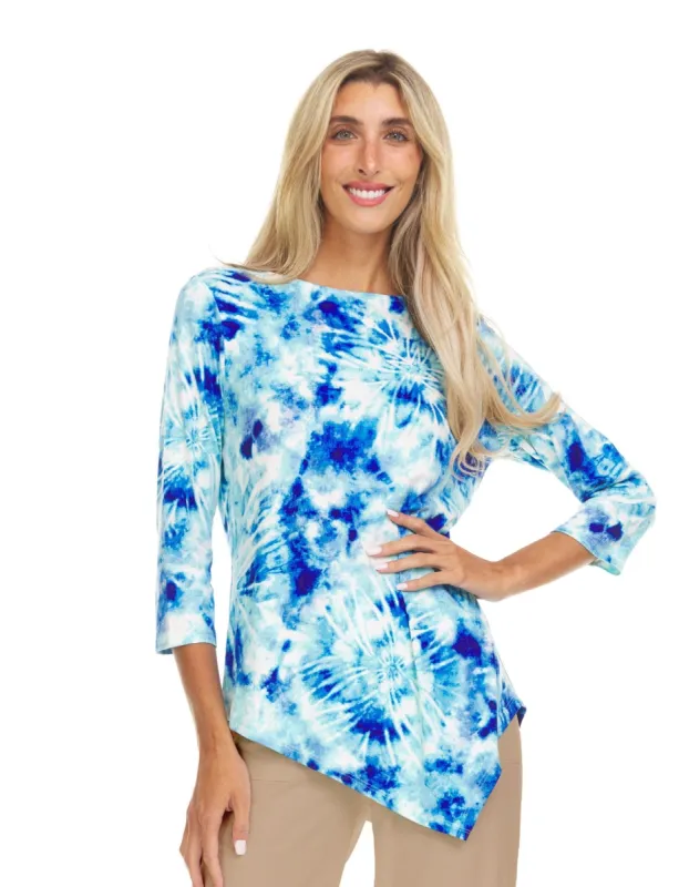 Blue / Ivory Tye Dye 3/4 Sleeeve Asymetrical Hem Top sold by Dress Barn