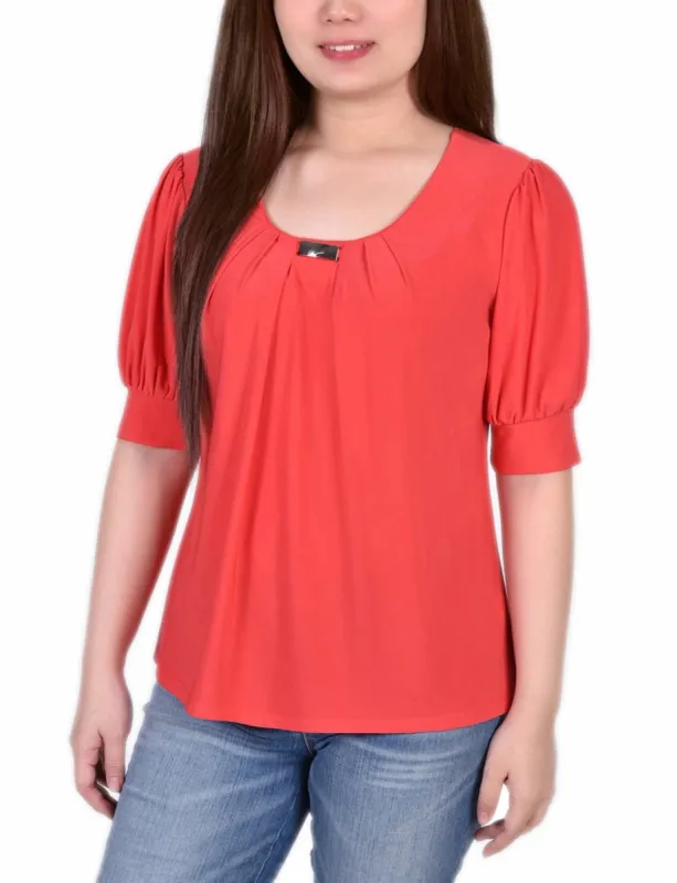 Short Sleeve Balloon Sleeve Top With Hardware - Petite sold by Dress Barn