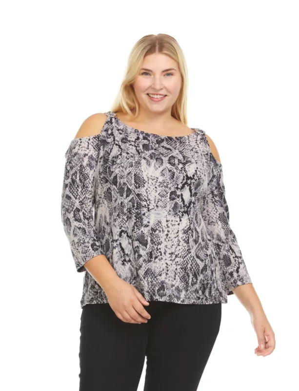 Python Print 3/4 Sleeve Cold Shoulder Top With Shoulder Strap Grommet- plus sold by Dress Barn