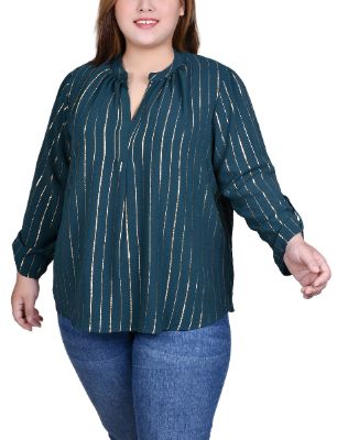 NY Collection Long Sleeve Foil Striped Blouse - Plus sold by Dress Barn