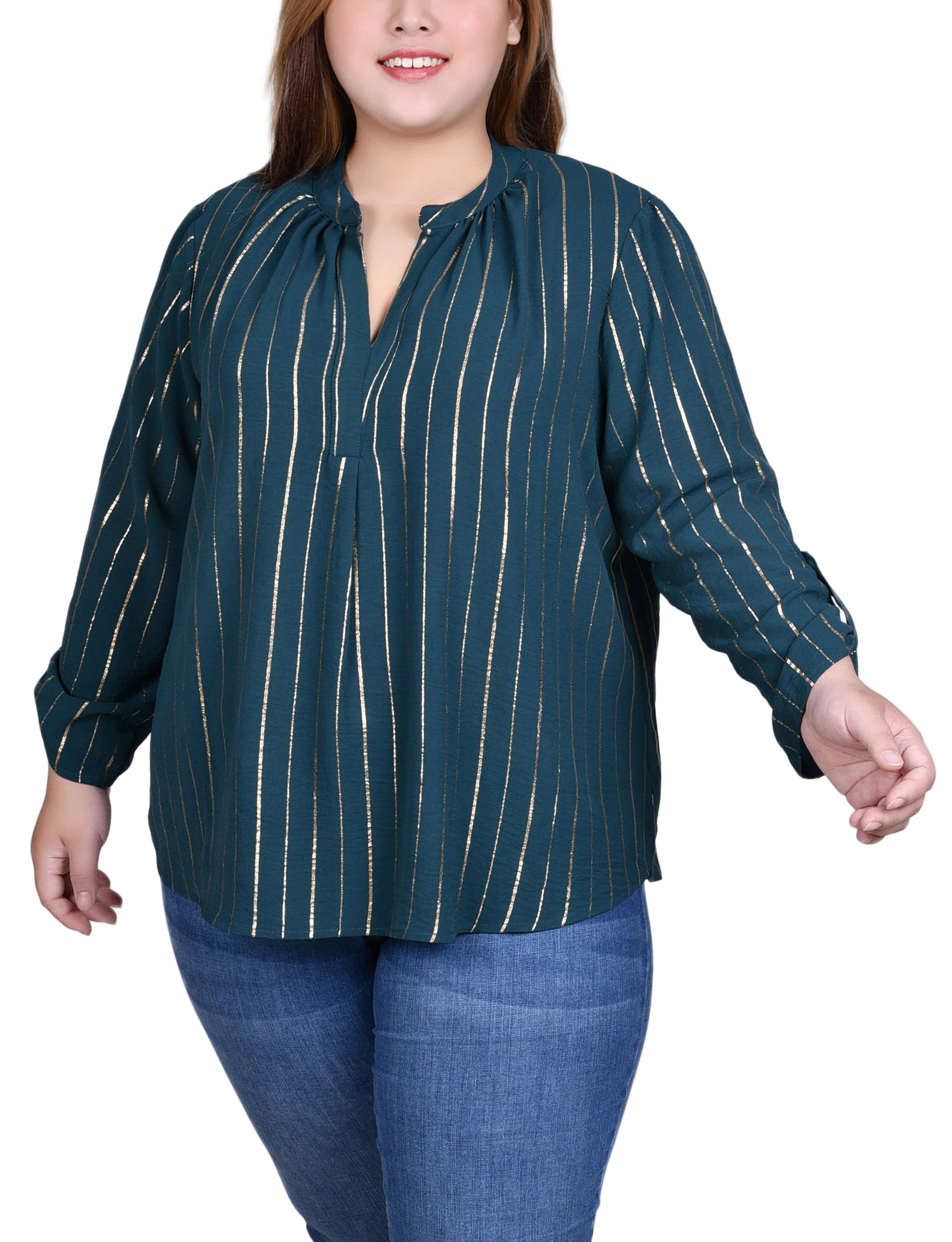 NY Collection Long Sleeve Foil Striped Blouse - Plus sold by Dress Barn
