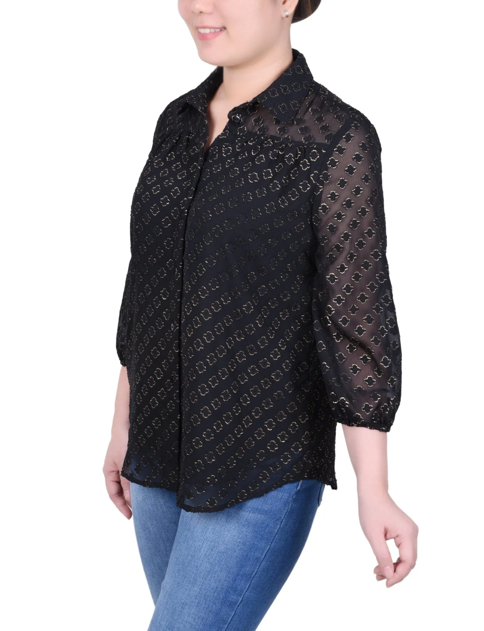 3/4 Length Sleeve Foiled Jacquard Chiffon Blouse - Petite sold by Dress Barn product image thumbnail 2