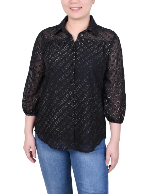 3/4 Length Sleeve Foiled Jacquard Chiffon Blouse - Petite sold by Dress Barn