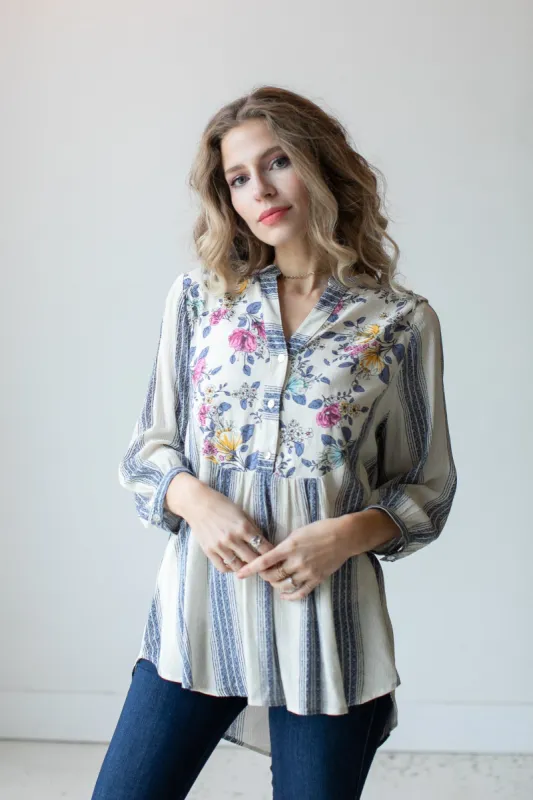 Figueroa & Flower 3/4 Sleeve Floral Printed Stripe Blouse sold by Dress Barn