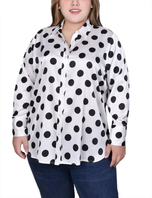 NY Collection Long Sleeve Dotted Satin Blouse - Plus sold by Dress Barn