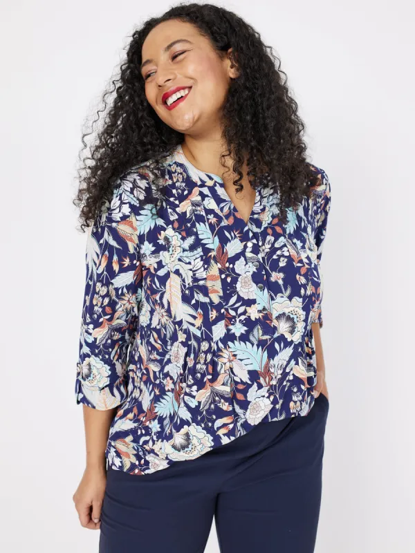 Roz & Ali Navy Jacobean Floral Popover - Plus sold by Dress Barn