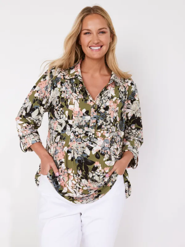 Roz & Ali Olive & Coral Floral Pintuck Popover - Plus sold by Dress Barn