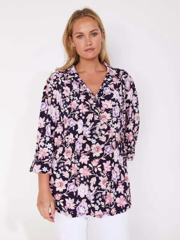 Roz & Ali Navy Ground Flower Popover - Plus sold by Dress Barn