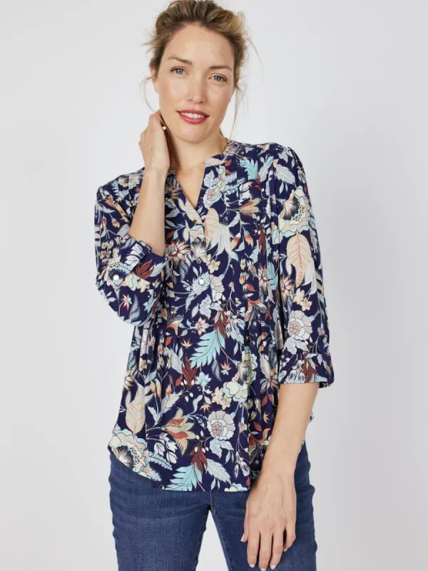 Roz & Ali Navy Jacobean Floral Popover sold by Dress Barn