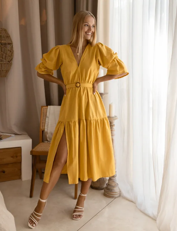 Timeless Midi Length Gathered Sleeve Belted A-Line Dress Plus sold by Dress Barn