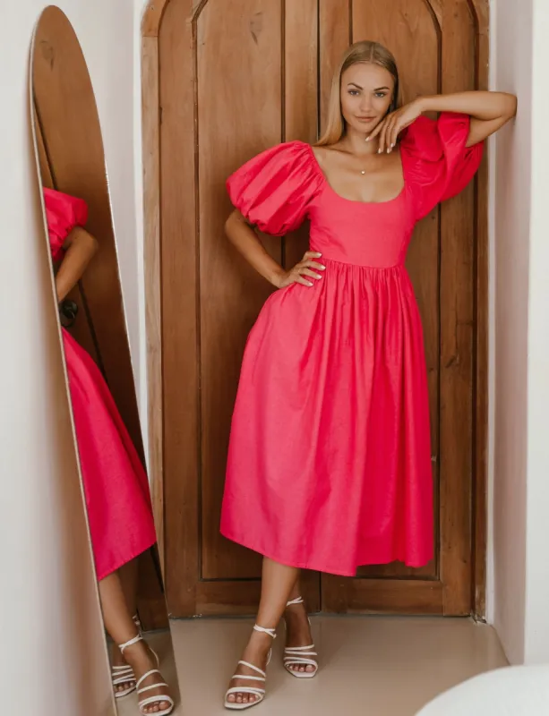 Magenta Puff Sleeve Linen Midi Dress - Plus sold by Dress Barn
