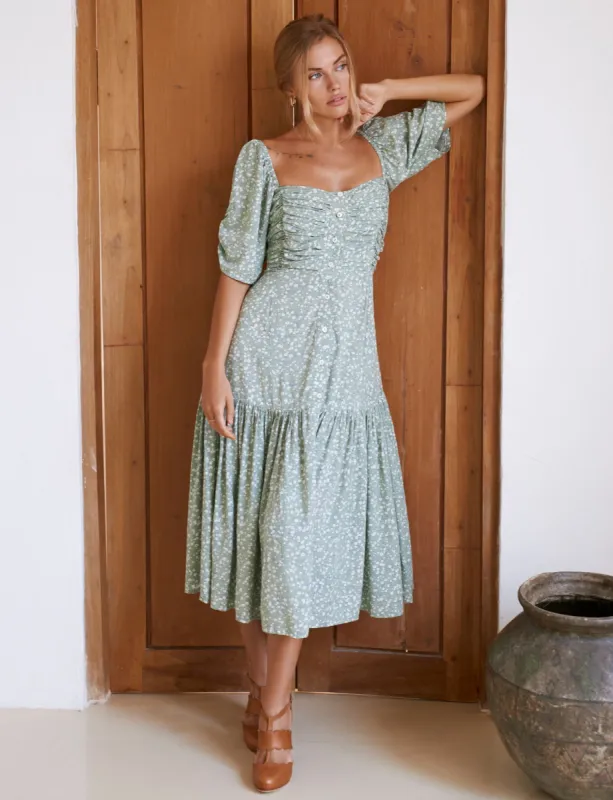 Puff Sleeve Smocked Back Lilit Midi Dress - Plus sold by Dress Barn