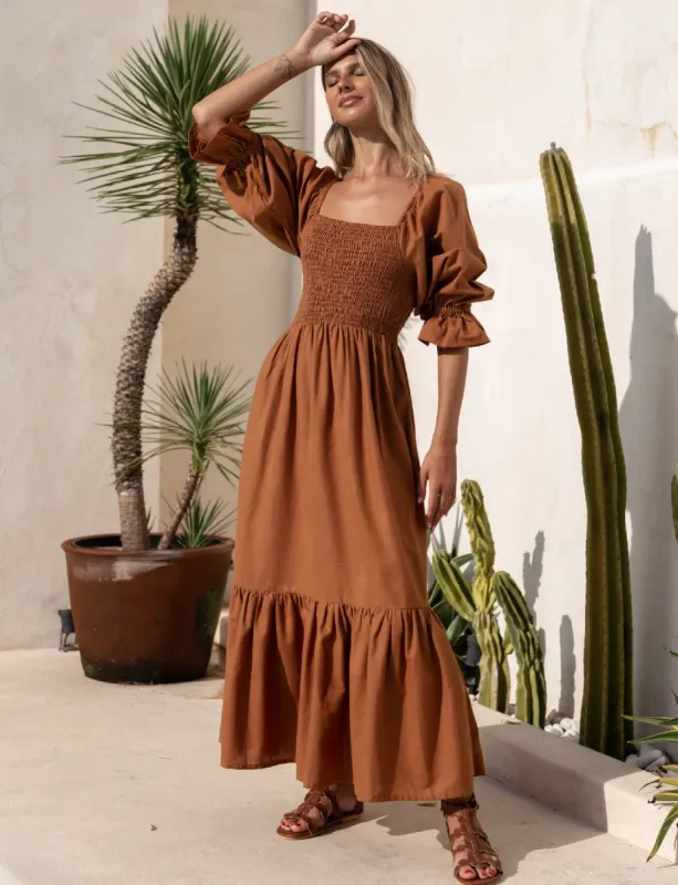 Almeria Puff Sleeve Smocked Linen Midi Dress sold by Dress Barn