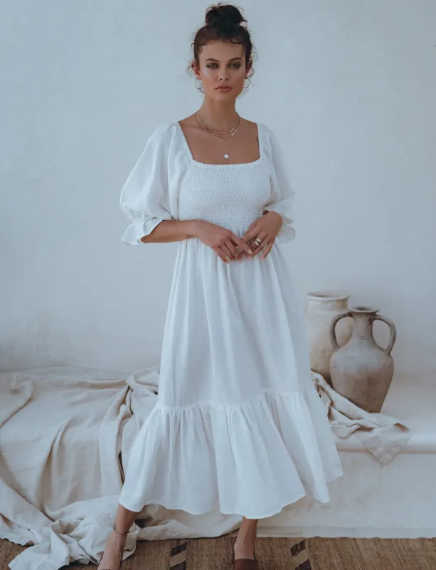 Almeria Smocked Midi Linen Dress sold by Dress Barn