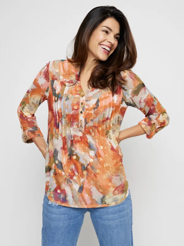 Roz & Ali Taupe 3/4 Roll Tab Sleeve Mesh Popover sold by Dress Barn