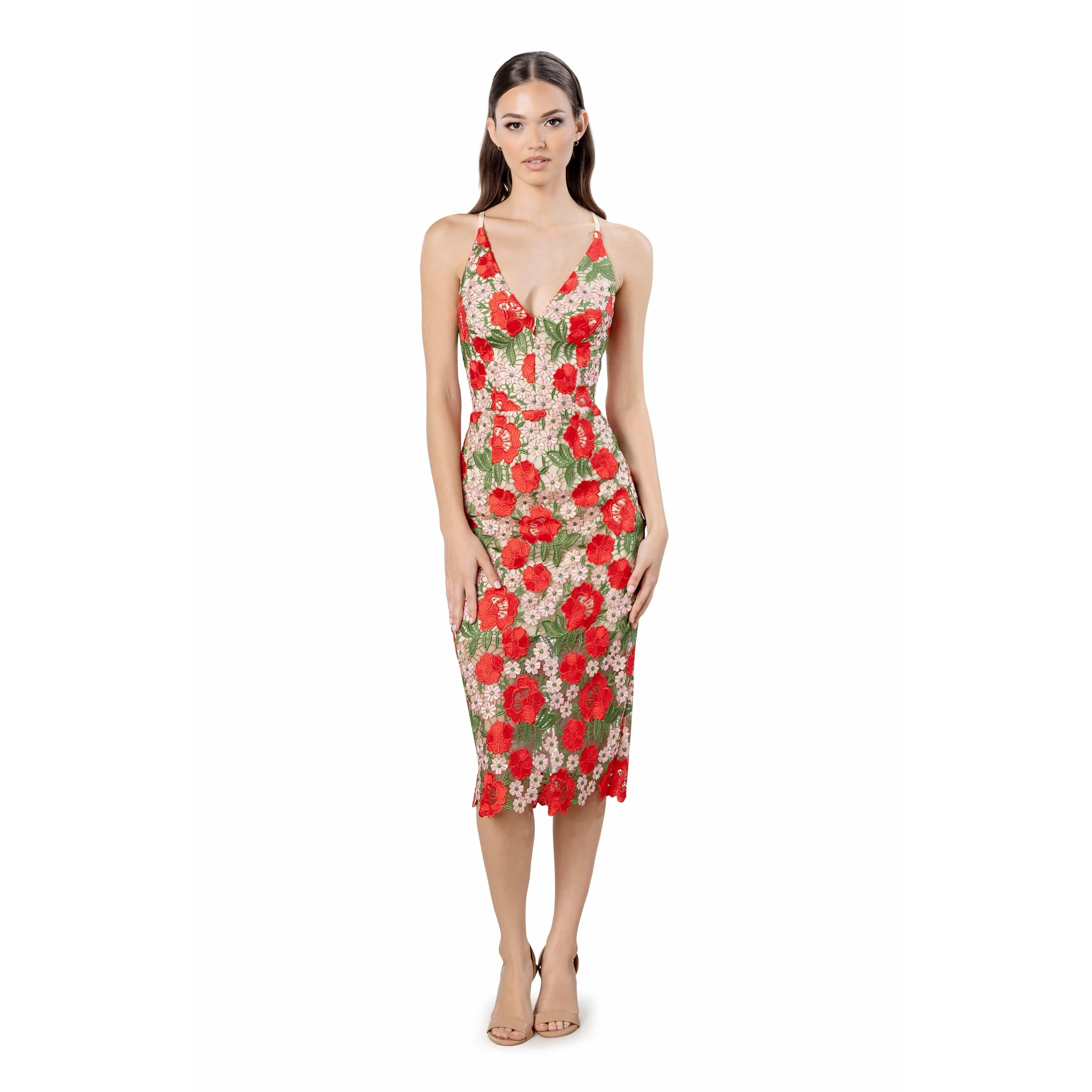 Aurora Sleeveless Floral Sheath Midi Dress sold by Dress the Population