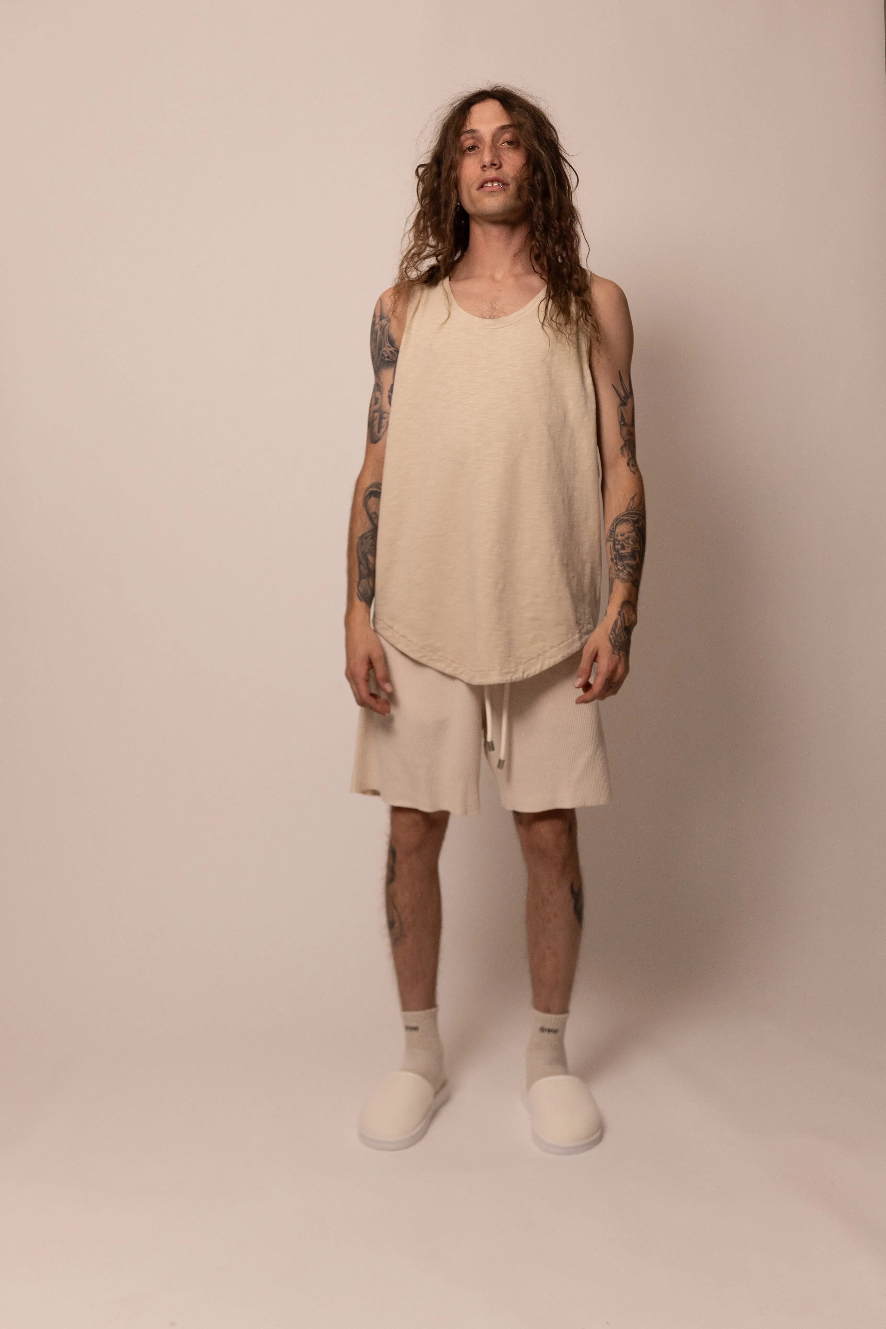 cuved hem tank top - parchment sold by DREW
