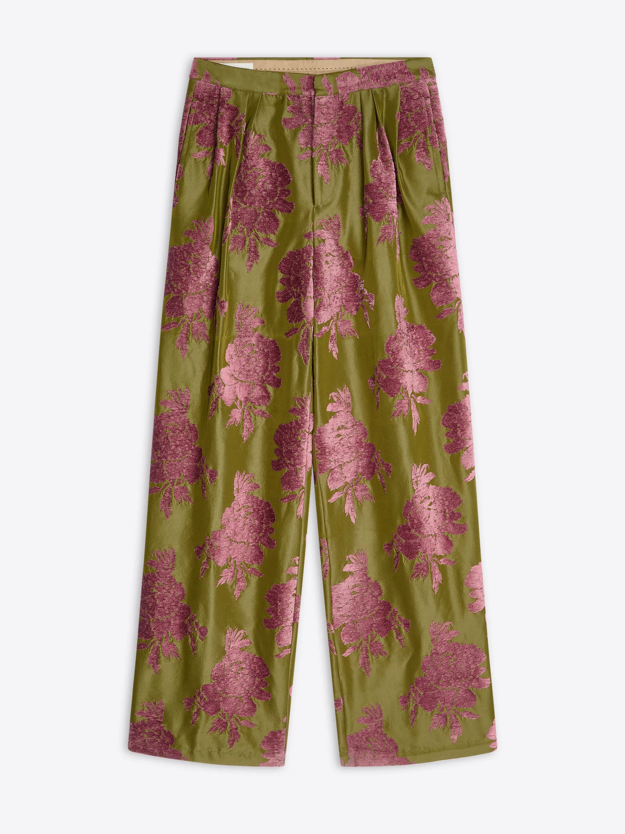Pleated fil coupé pants sold by Dries Van Noten