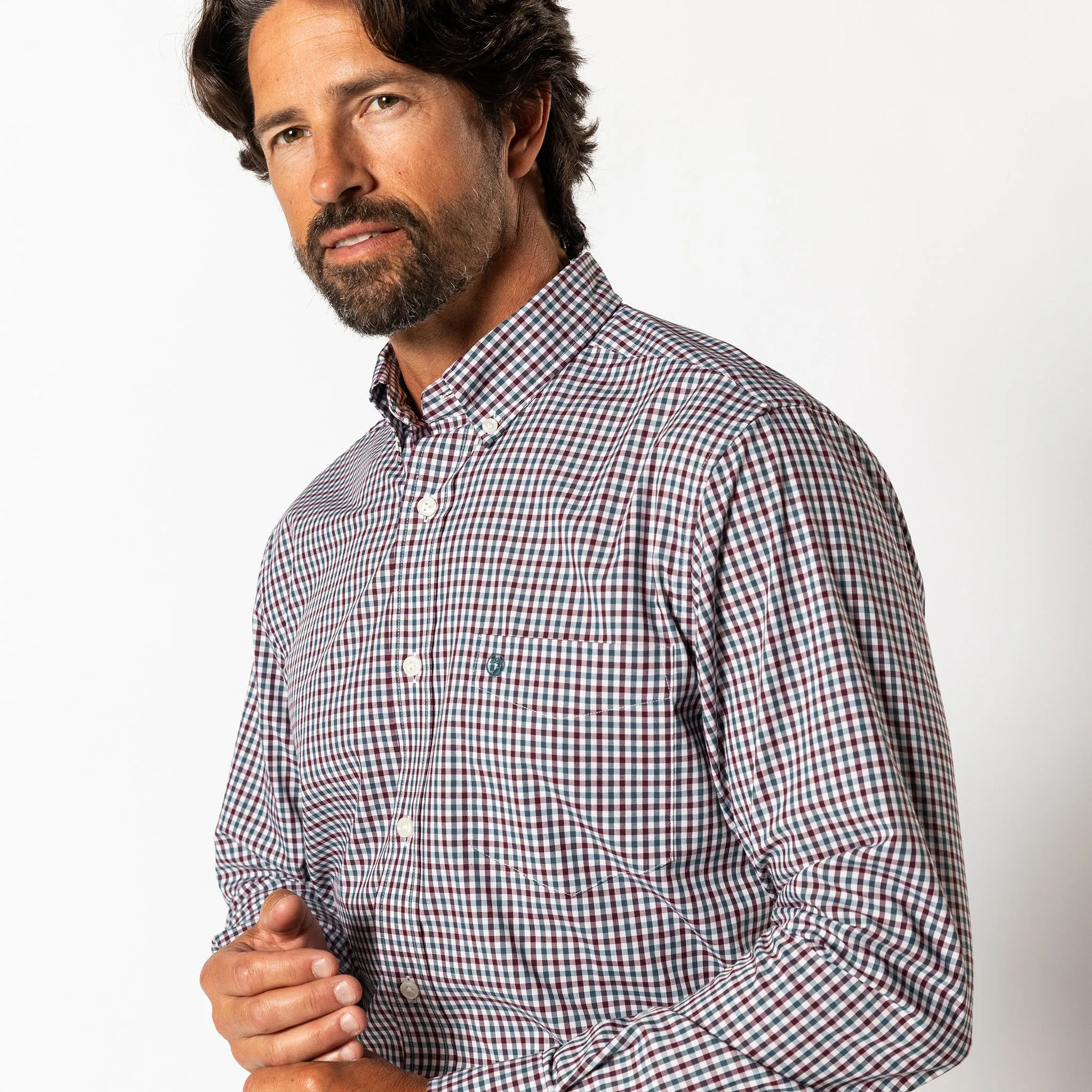 Performance Poplin Sport Shirt - Merill Gingham - Fig sold by Duck Head product image thumbnail 2