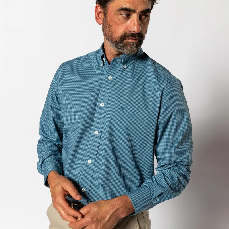 Performance Poplin Sport Shirt - Reilly Gingham - Teal Blue made by Duck Head