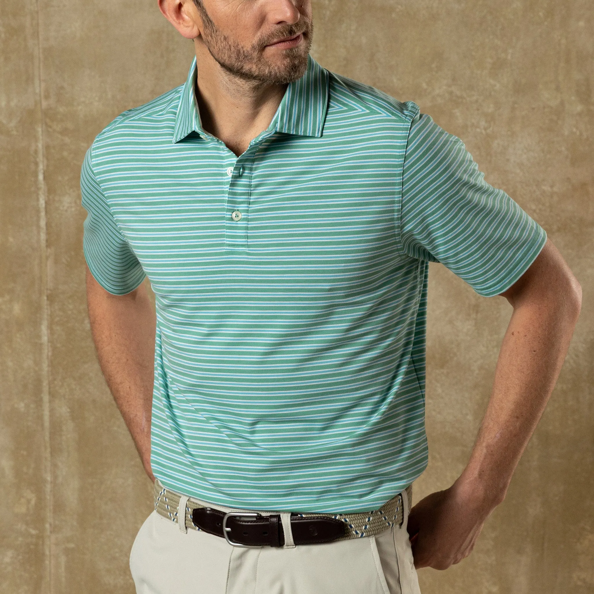 Summerford Performance Jersey Polo - Pierce Stripe - Aspen Green sold by Duck Head