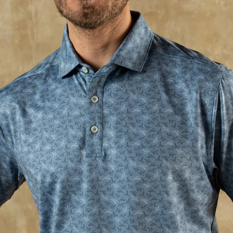 Long Drive Performance Polo - Wingbeat Print - Chambray Blue made by Duck Head