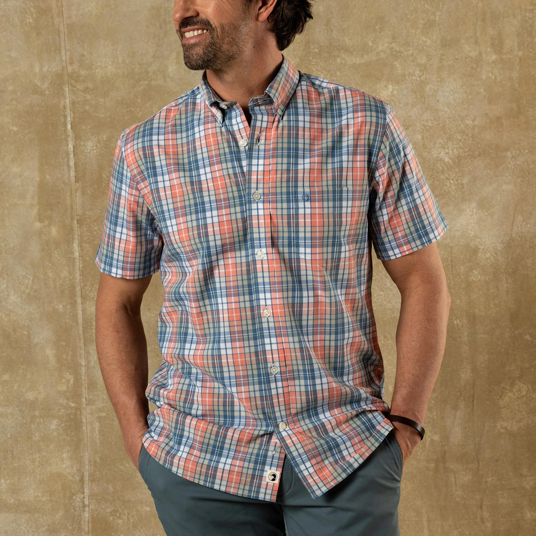Performance Poplin Sport Shirt - Oakville Plaid - Coral sold by Duck Head