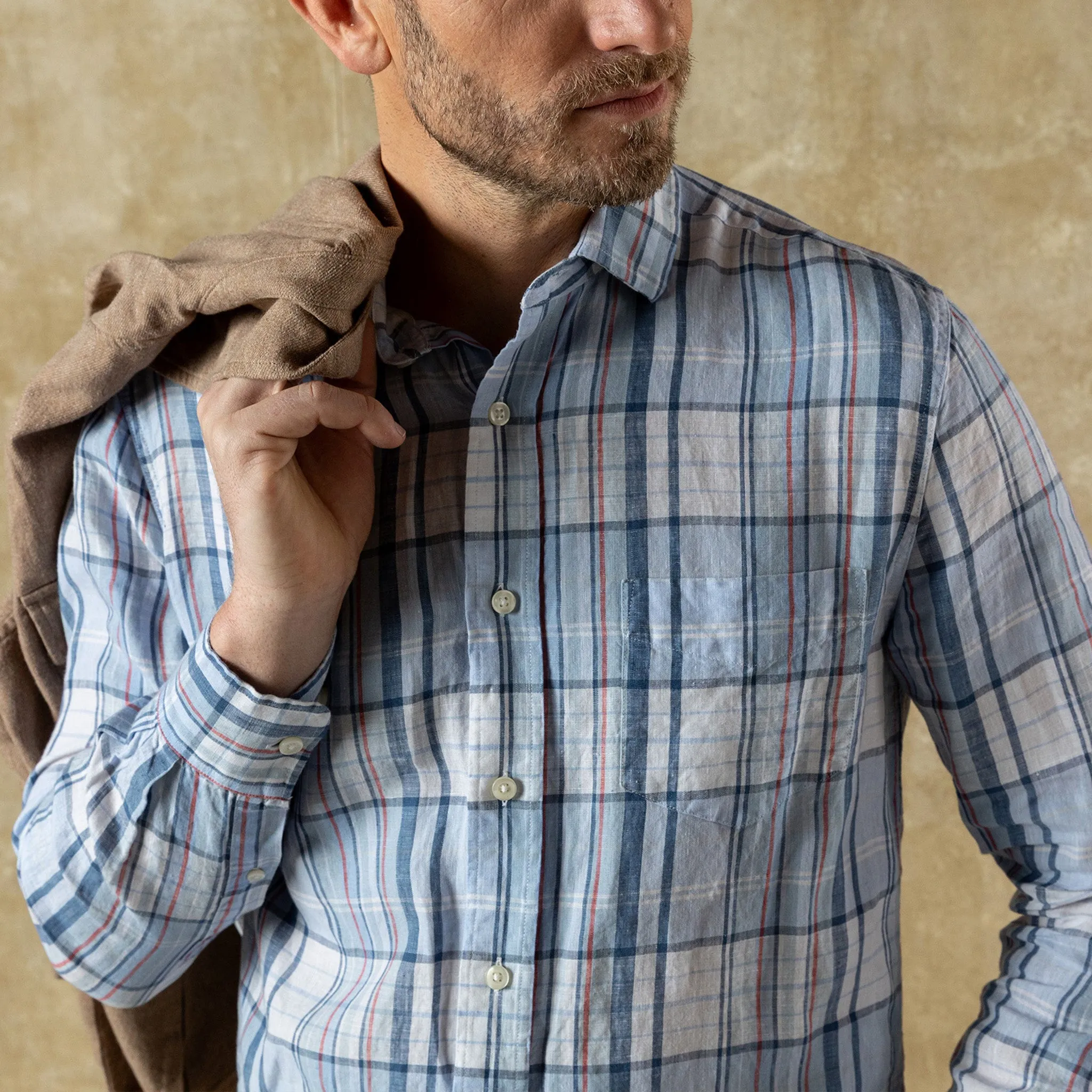 Linen Poplin Sport Shirt - Bridger Plaid - Serenity Blue sold by Duck Head