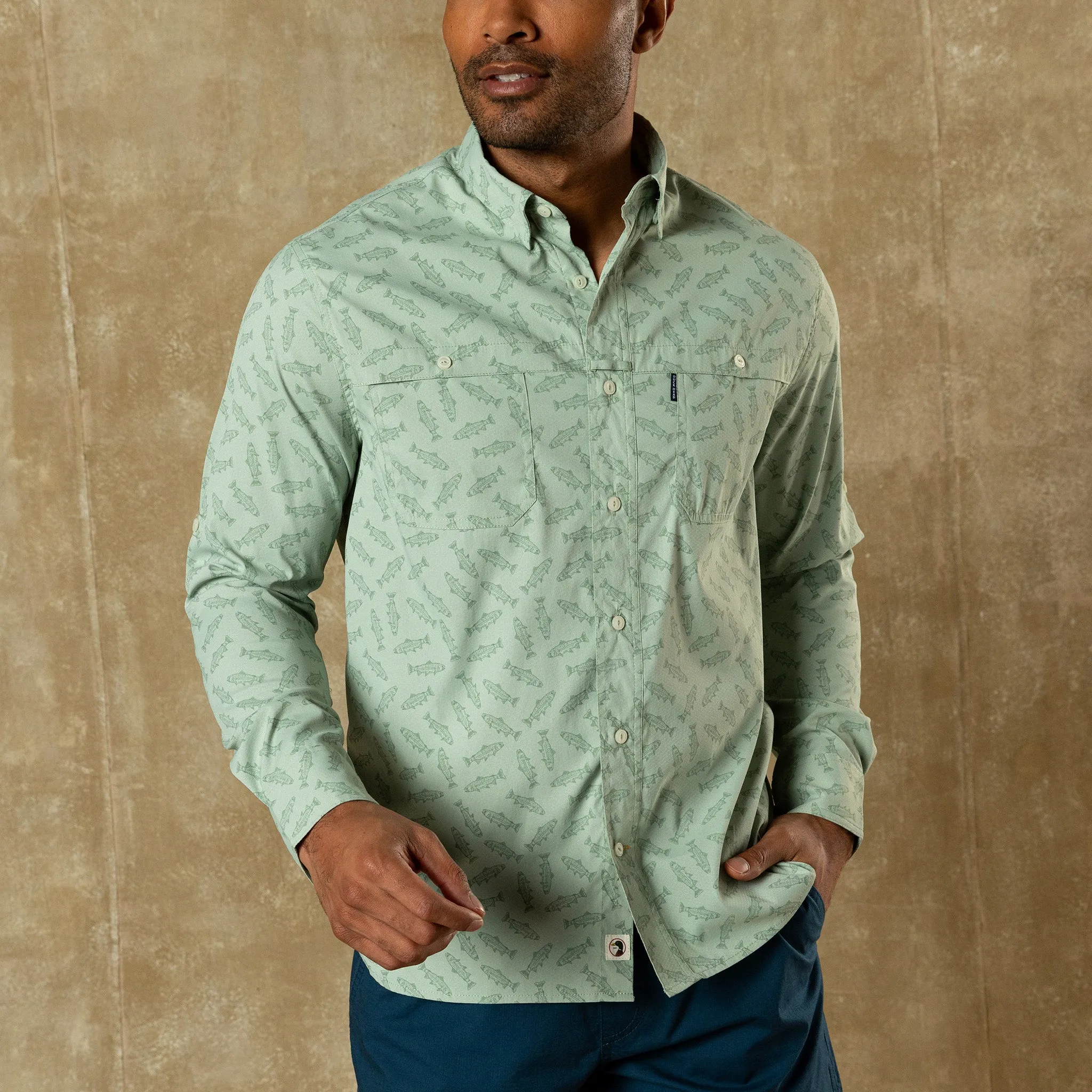 Performance Dobby Guide Shirt - Angler Print - Sage sold by Duck Head