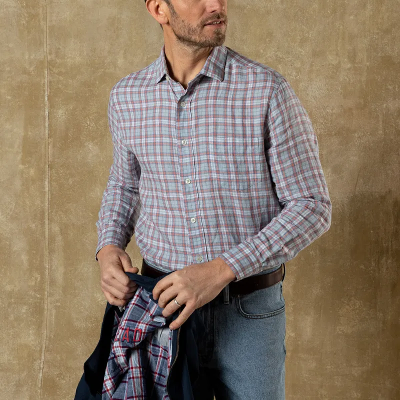 Linen Poplin Sport Shirt - Piers Plaid - Sky Blue made by Duck Head