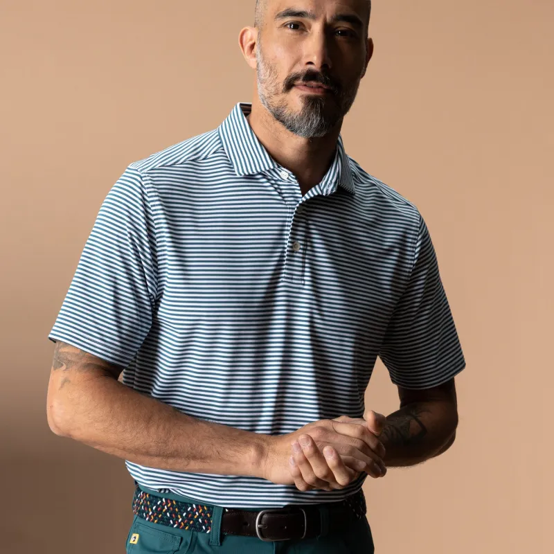 Long Drive Performance Polo - Kirk Stripe - Stormy Teal made by Duck Head